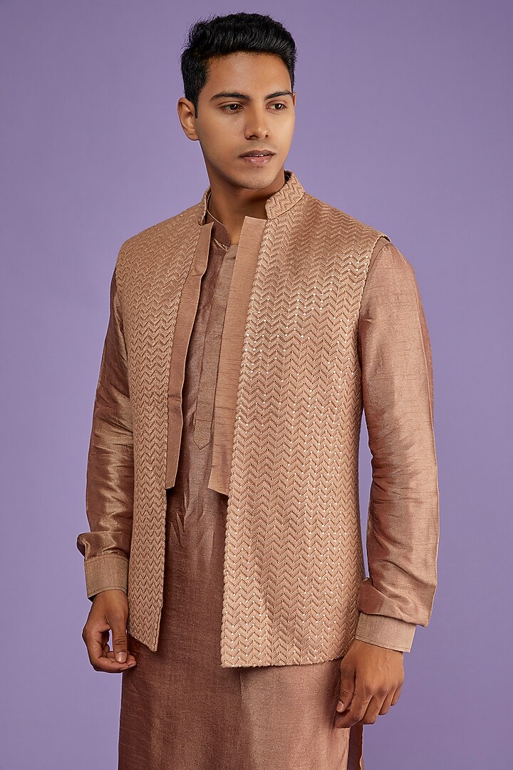 Beige Chanderi Silk Embroidered Bundi Jacket With Kurta Set by ALLUR at Pernia's Pop Up Shop