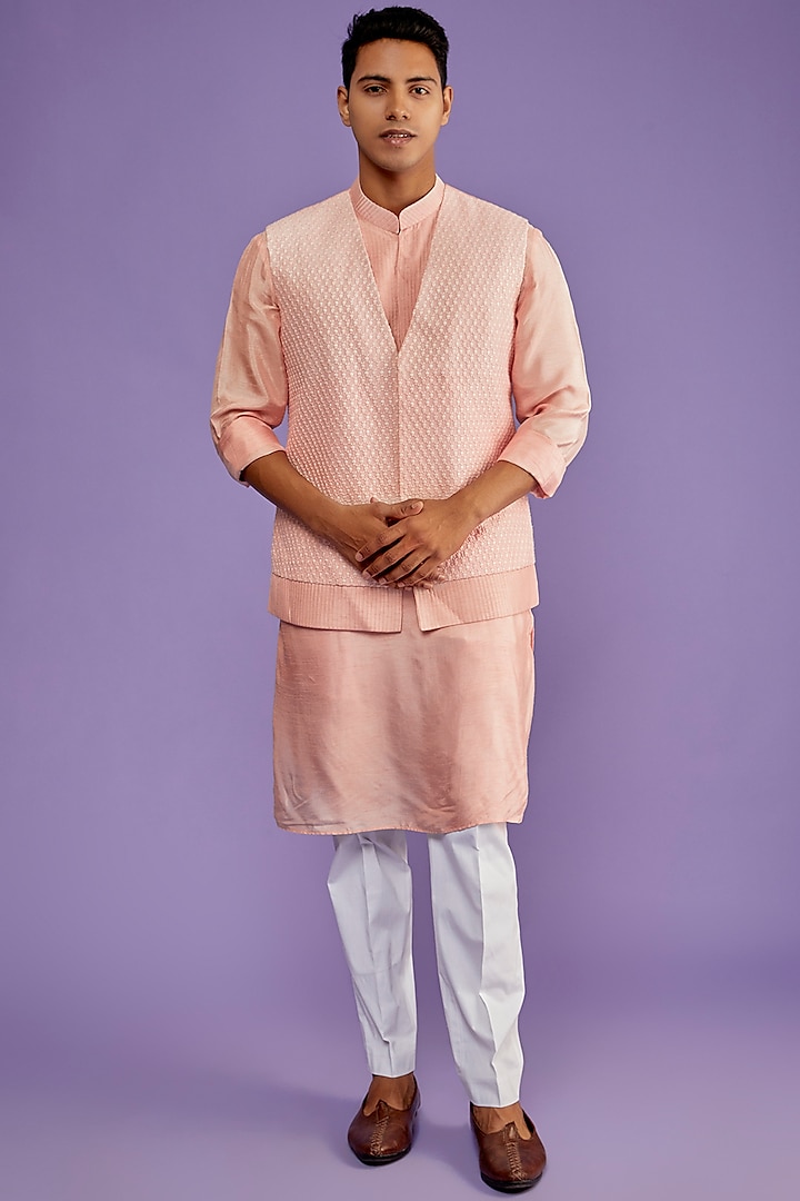 Pink Chanderi Silk Embroidered Bundi Jacket With Kurta Set by ALLUR