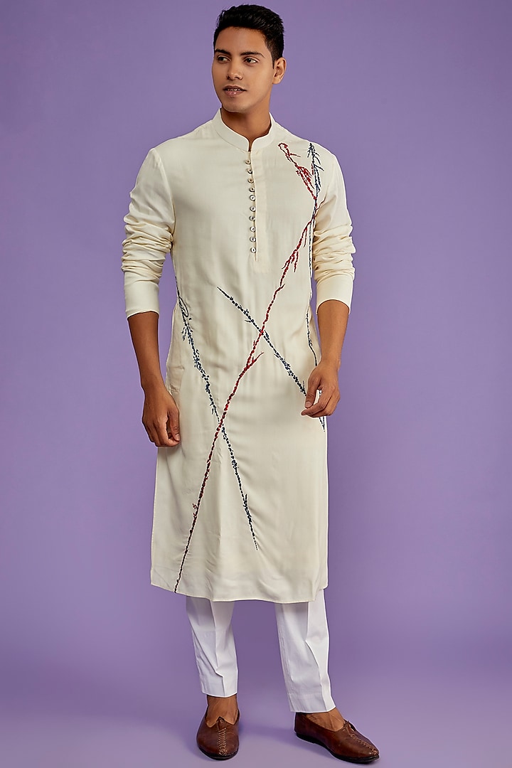 Ivory Cotton Handloom Embroidered Kurta Set by ALLUR