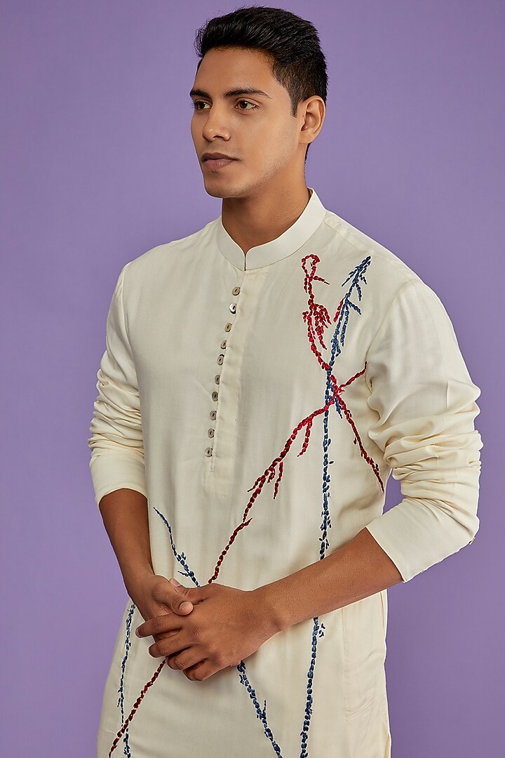 Ivory Cotton Handloom Embroidered Kurta Set by ALLUR at Pernia's Pop Up Shop