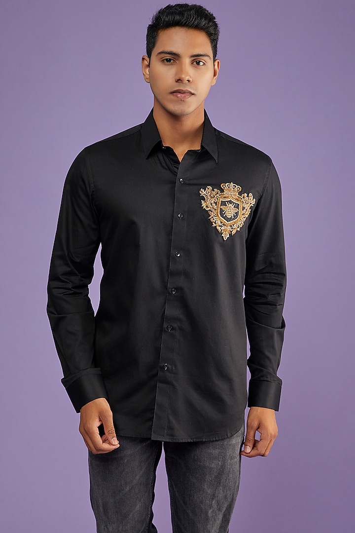 Black Cotton Hand Embroidered Shirt by ALLUR