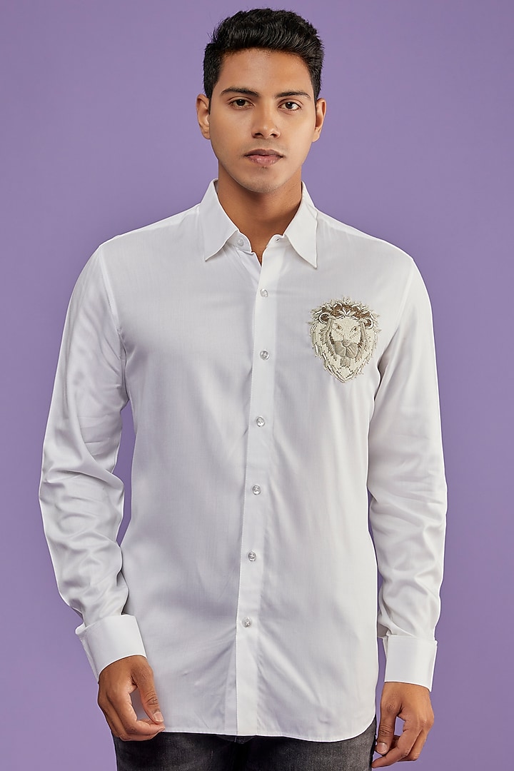 White Cotton Hand Embroidered Shirt by ALLUR