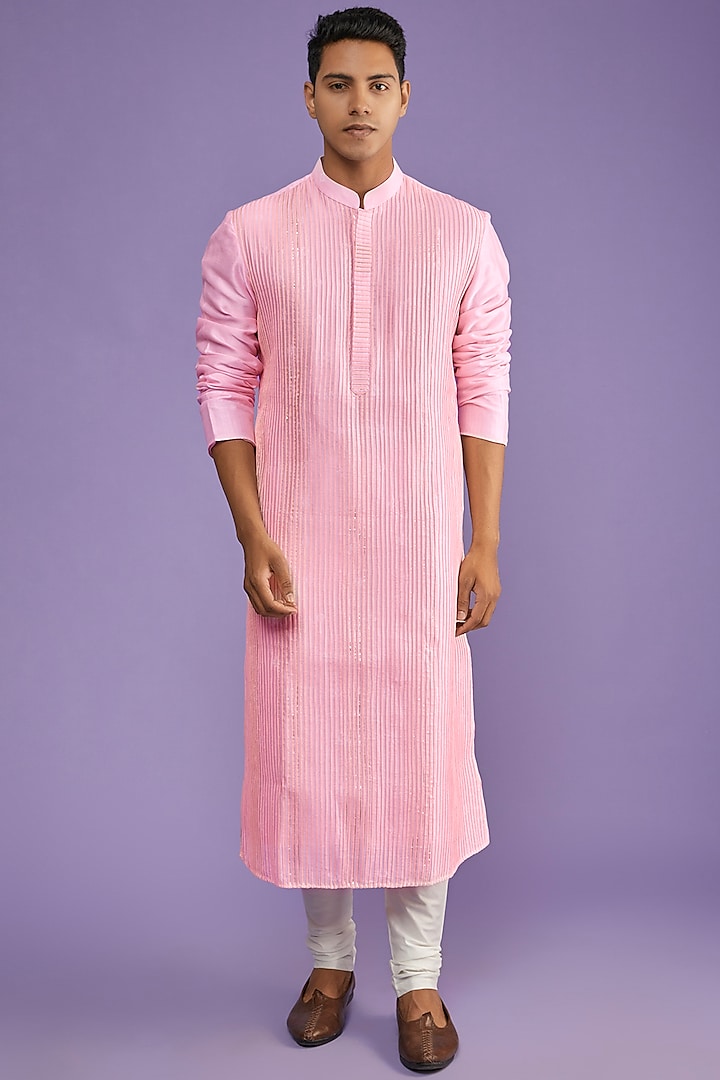 Pink Chanderi Silk Kurta Set by ALLUR