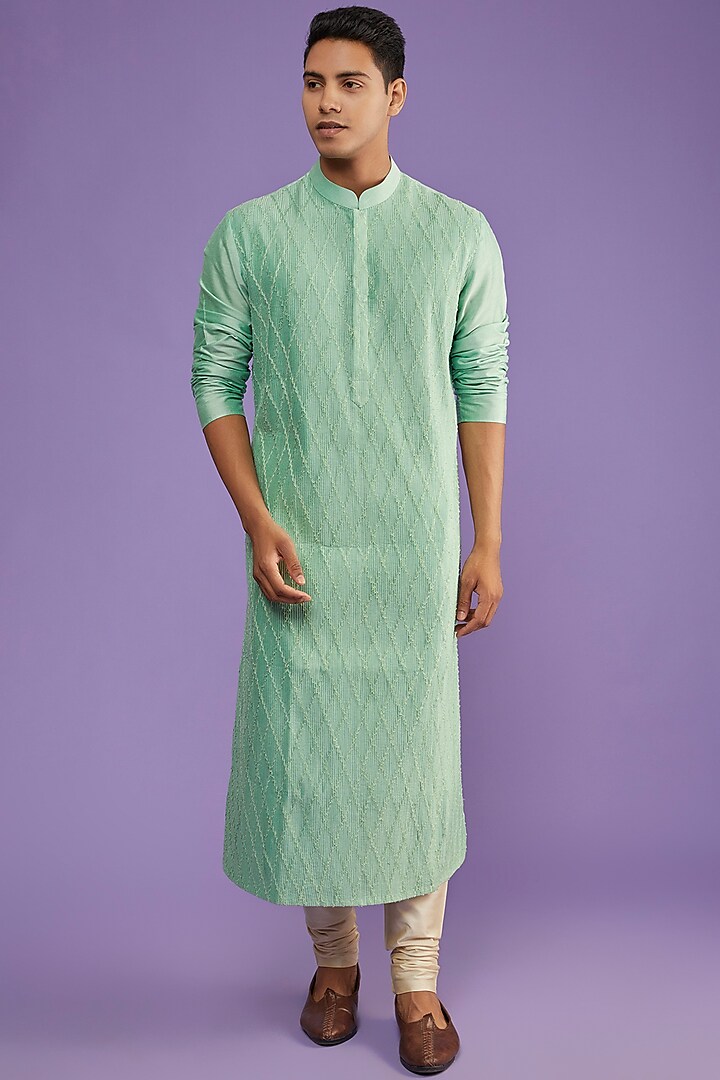 Green Cotton Silk Embroidered Kurta Set by ALLUR
