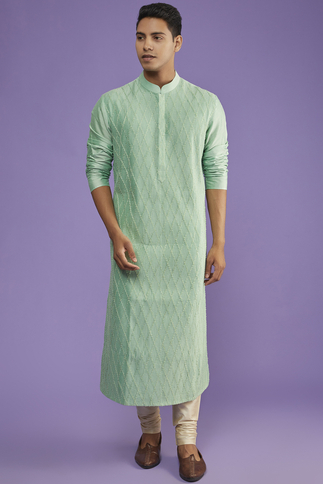 Green Cotton Silk Embroidered Kurta Set by ALLUR