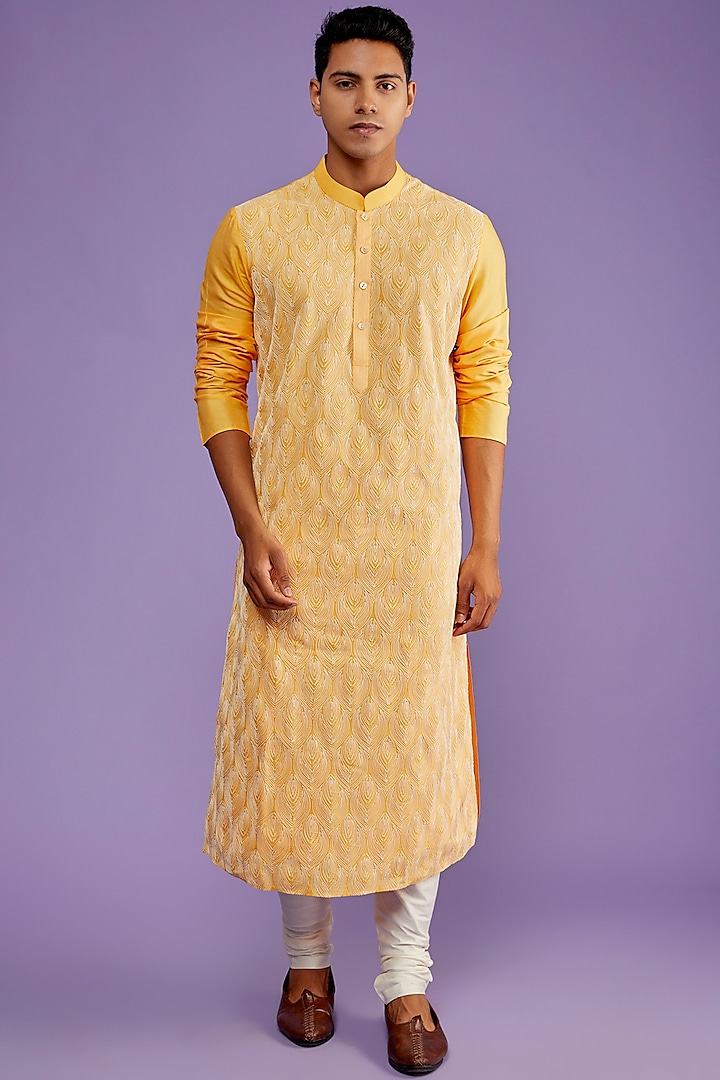 Yellow Cotton Silk Embroidered Kurta Set by ALLUR