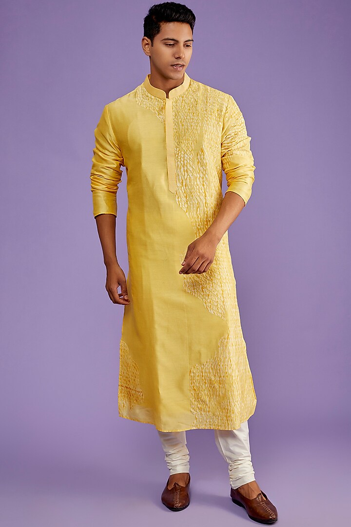 Yellow Chanderi Silk Embroidered Kurta Set by ALLUR