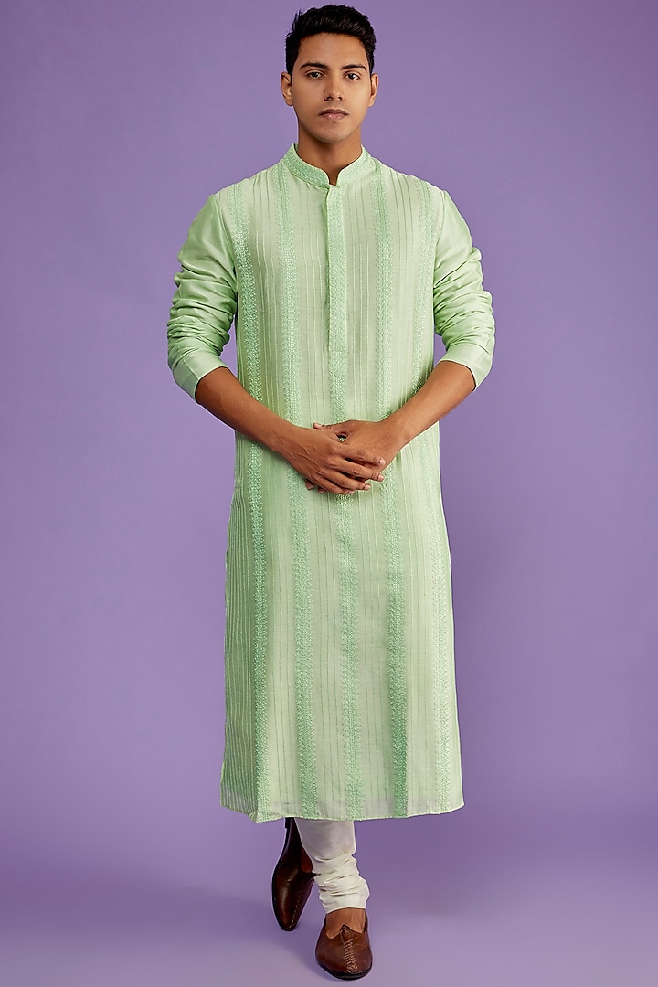 Green Chanderi Silk Embroidered Kurta Set by ALLUR