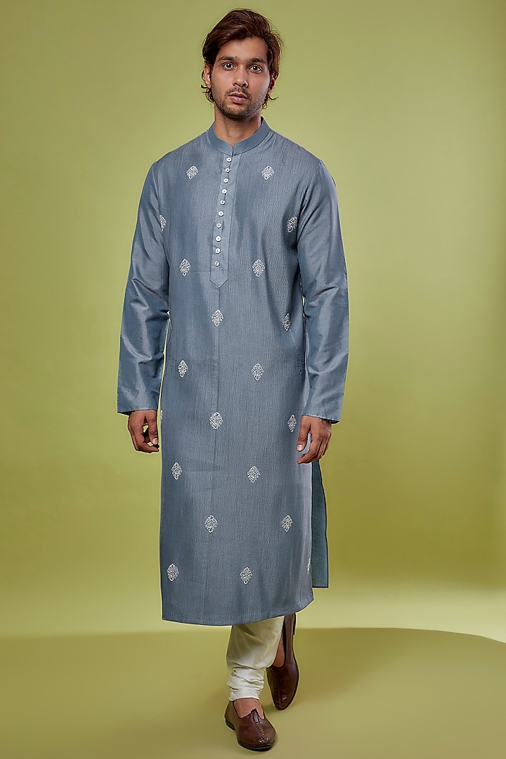 Blue Cotton Silk Embroidered Kurta Set by ALLUR