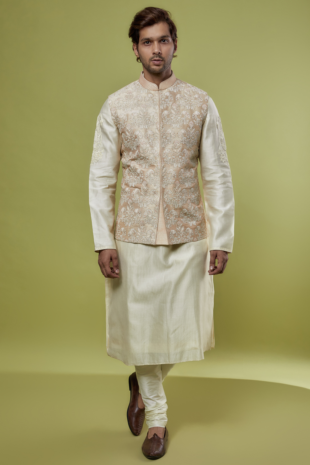 Beige Raw Silk Hand Embroidered Nehru Jacket With Kurta Set by ALLUR