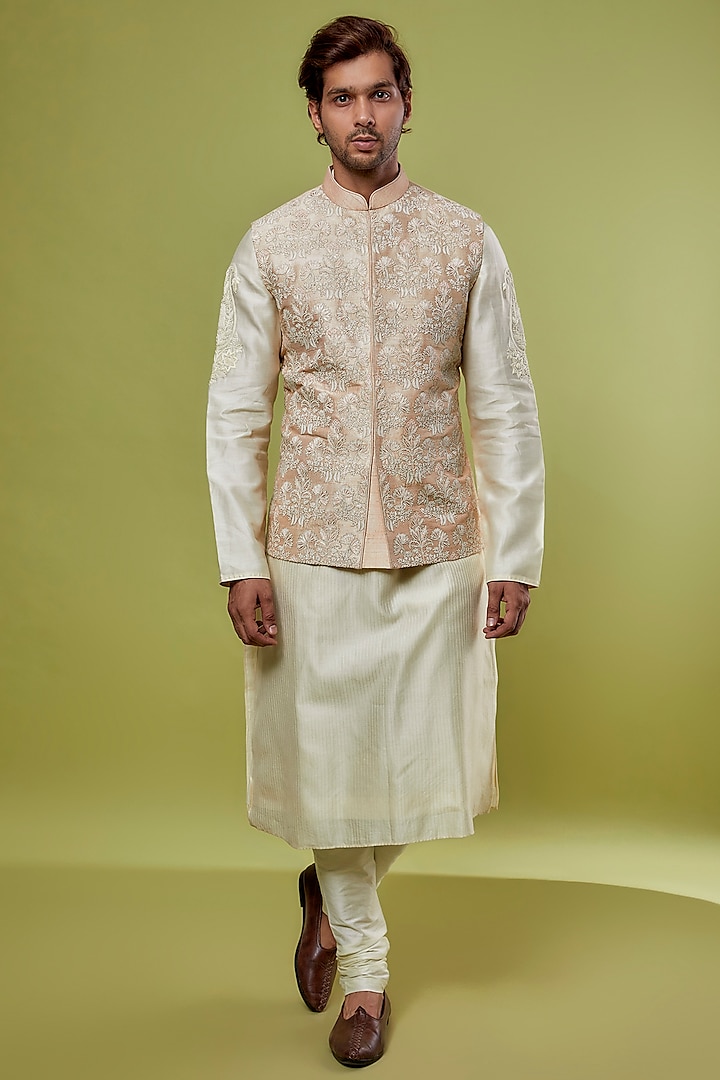 Beige Raw Silk Hand Embroidered Nehru Jacket With Kurta Set by ALLUR