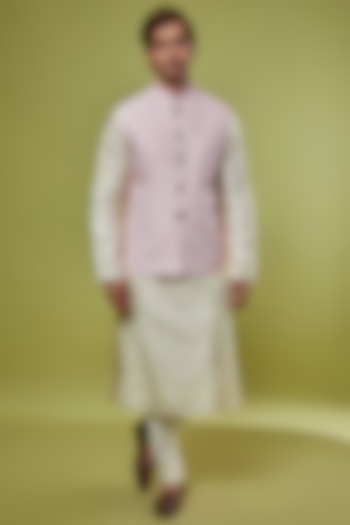 Pink Silk Hand Embroidered Nehru Jacket With Kurta Set by ALLUR