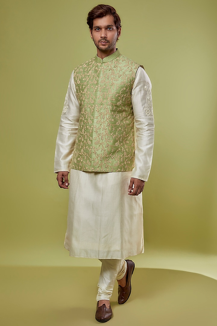 Green Raw Silk Hand Embroidered Nehru Jacket With Kurta Set by ALLUR