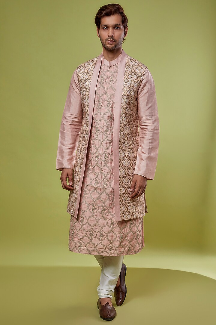 Pink Tussar Silk Embroidered Long Jacket With Kurta Set by ALLUR at Pernia's Pop Up Shop