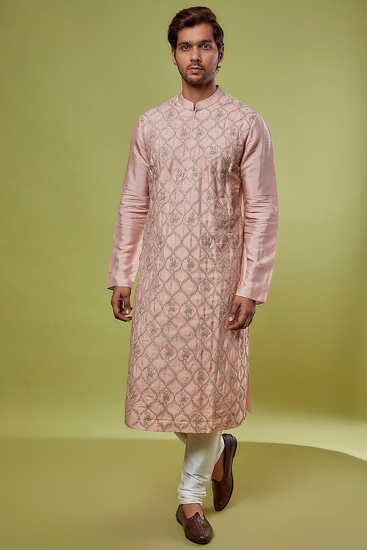 Pink Tussar Silk Embroidered Kurta Set by ALLUR