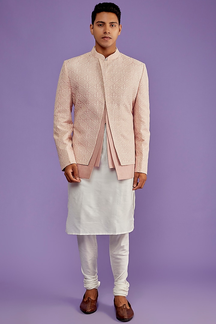 Pink Chanderi Silk Embroidered Jacket by ALLUR at Pernia's Pop Up Shop