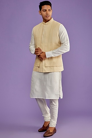 Ivory Chanderi Silk Embroidered Bundi Jacket by ALLUR