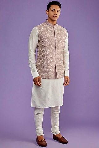 Purple Raw Silk Embroidered Bundi Jacket by ALLUR