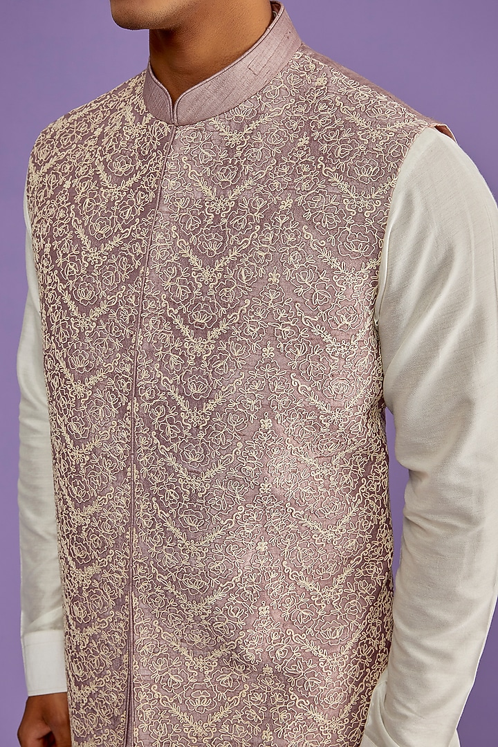 Purple Raw Silk Embroidered Bundi Jacket by ALLUR at Pernia's Pop Up Shop