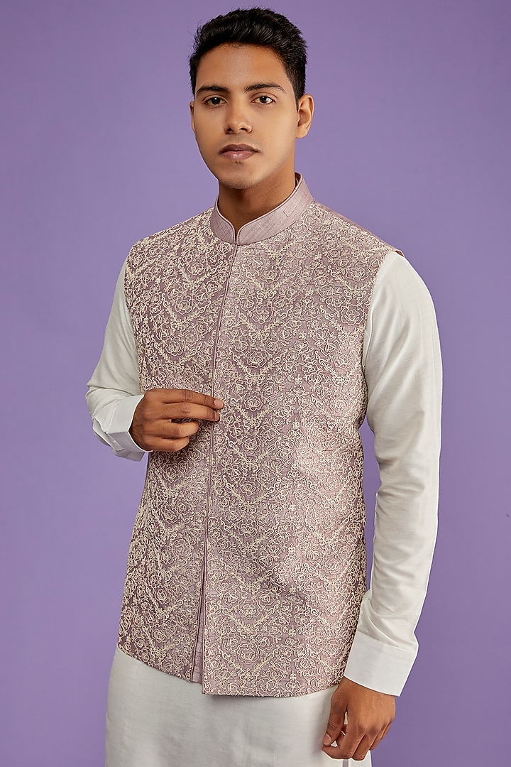 Purple Raw Silk Embroidered Bundi Jacket by ALLUR at Pernia's Pop Up Shop