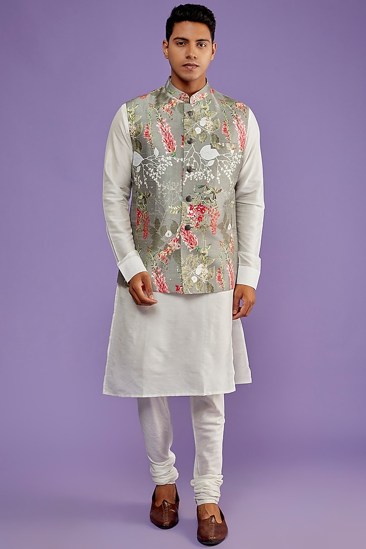 Grey Raw Silk Floral Printed Bundi Jacket by ALLUR