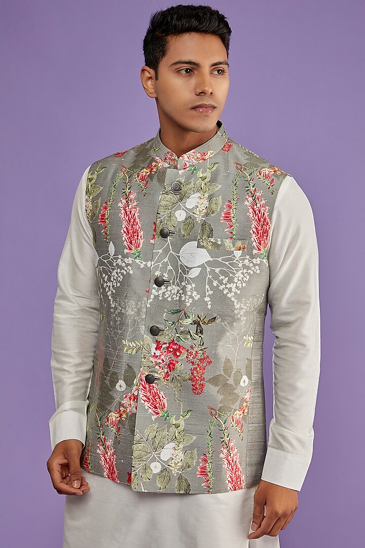 Grey Raw Silk Floral Printed Bundi Jacket by ALLUR