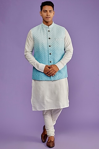 Blue Ombre Silk Fancy Embroidered Bundi Jacket by ALLUR