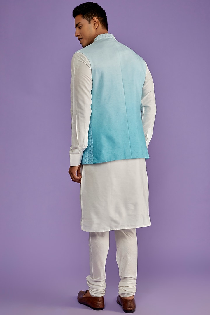 Blue Ombre Silk Fancy Embroidered Bundi Jacket by ALLUR at Pernia's Pop Up Shop