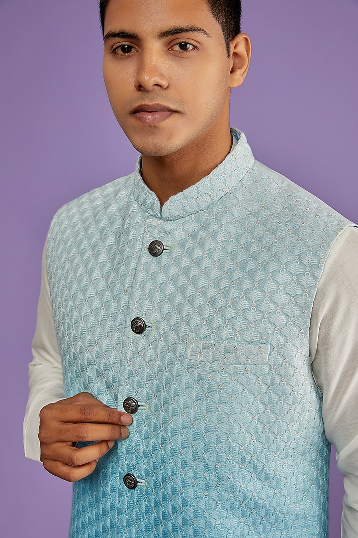Blue Ombre Silk Fancy Embroidered Bundi Jacket by ALLUR at Pernia's Pop Up Shop