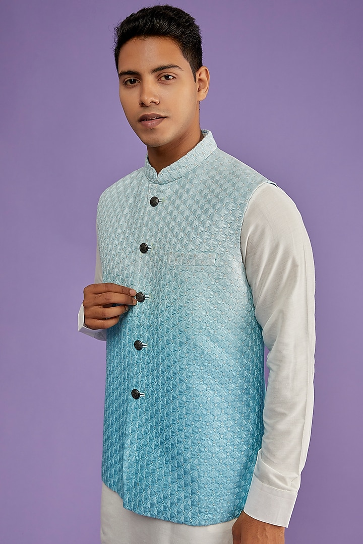 Blue Ombre Silk Fancy Embroidered Bundi Jacket by ALLUR at Pernia's Pop Up Shop