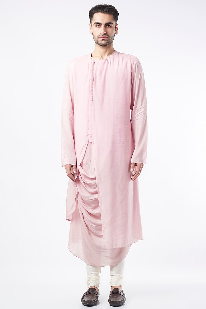 Blush Pink Muslin Draped Kurta Set by ALLUR at Pernia's Pop Up Shop
