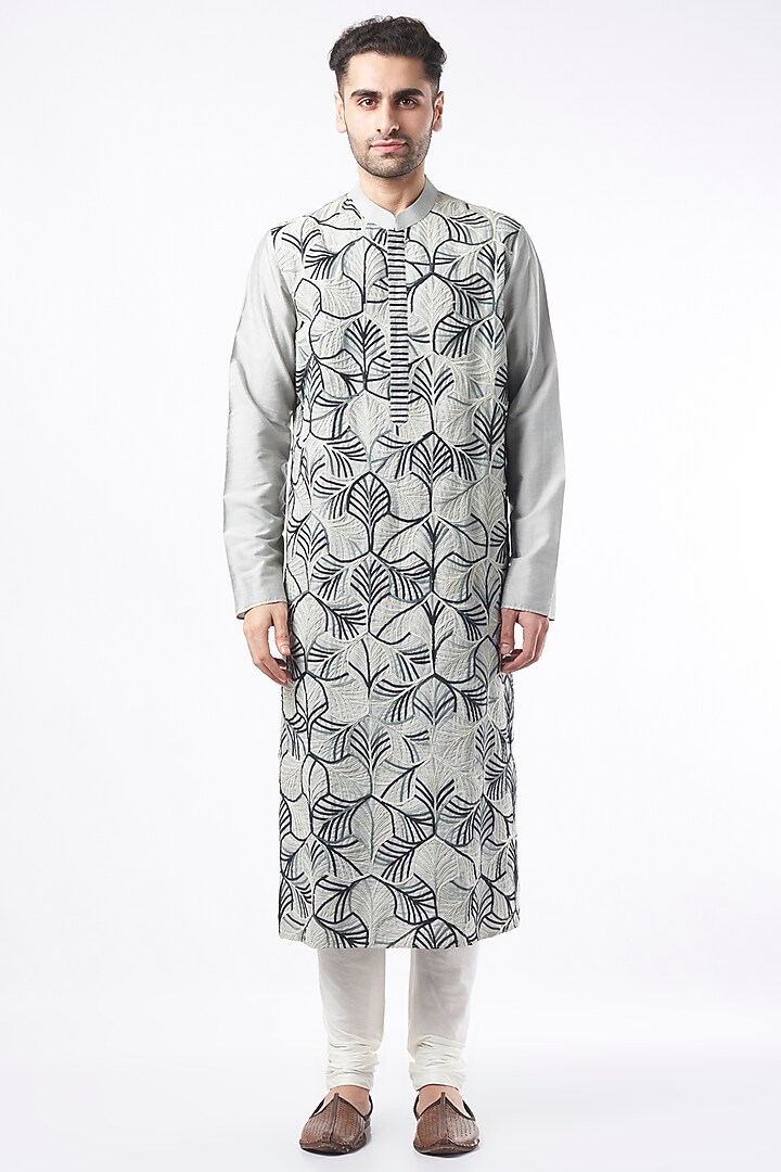 Steel Grey Embroidered Kurta Set by ALLUR at Pernia's Pop Up Shop