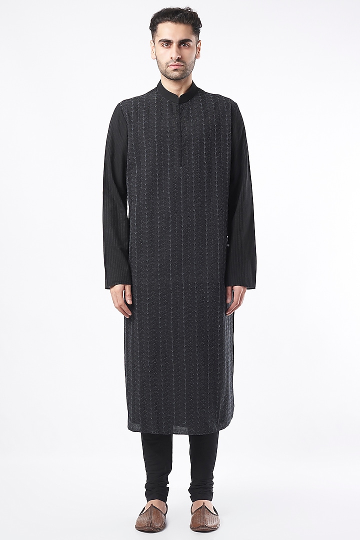 Black Cord Embroidered Kurta Set by ALLUR at Pernia's Pop Up Shop