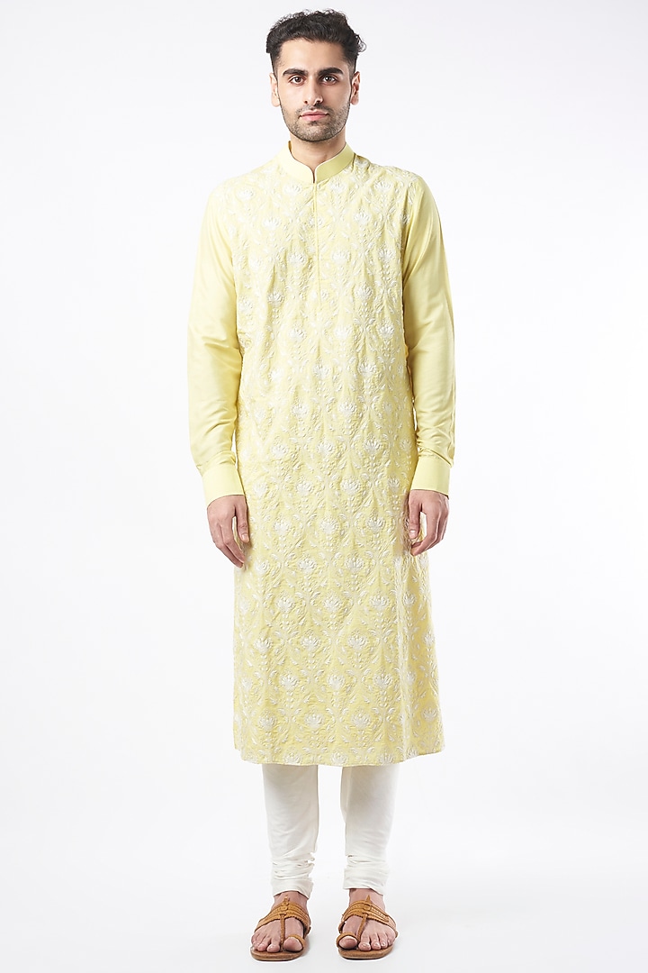 Lemon Yellow Embroidered Kurta Set by ALLUR at Pernia's Pop Up Shop