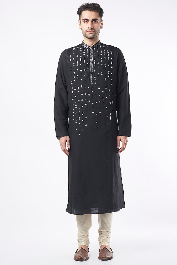 Black Mirror Hand Embroidered Kurta Set by ALLUR at Pernia's Pop Up Shop
