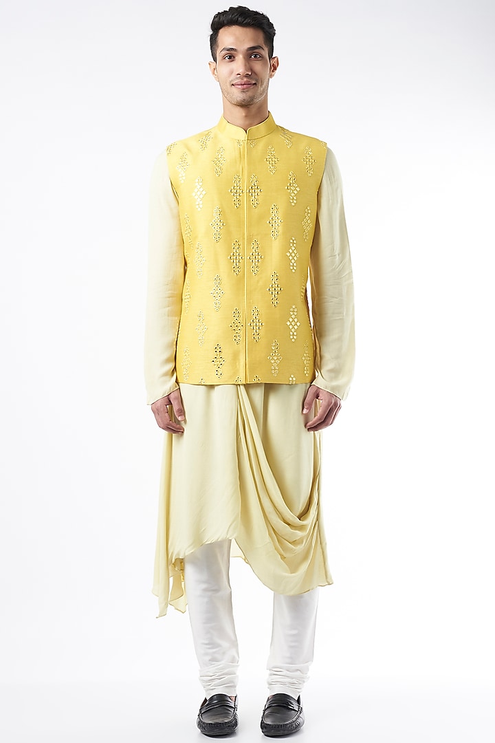 Yellow Cotton Silk Kurta Set With Bundi Jacket by ALLUR