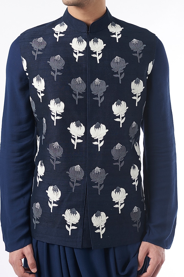 Navy Blue Cords Embroidered Nehru Jacket by ALLUR at Pernia's Pop Up Shop