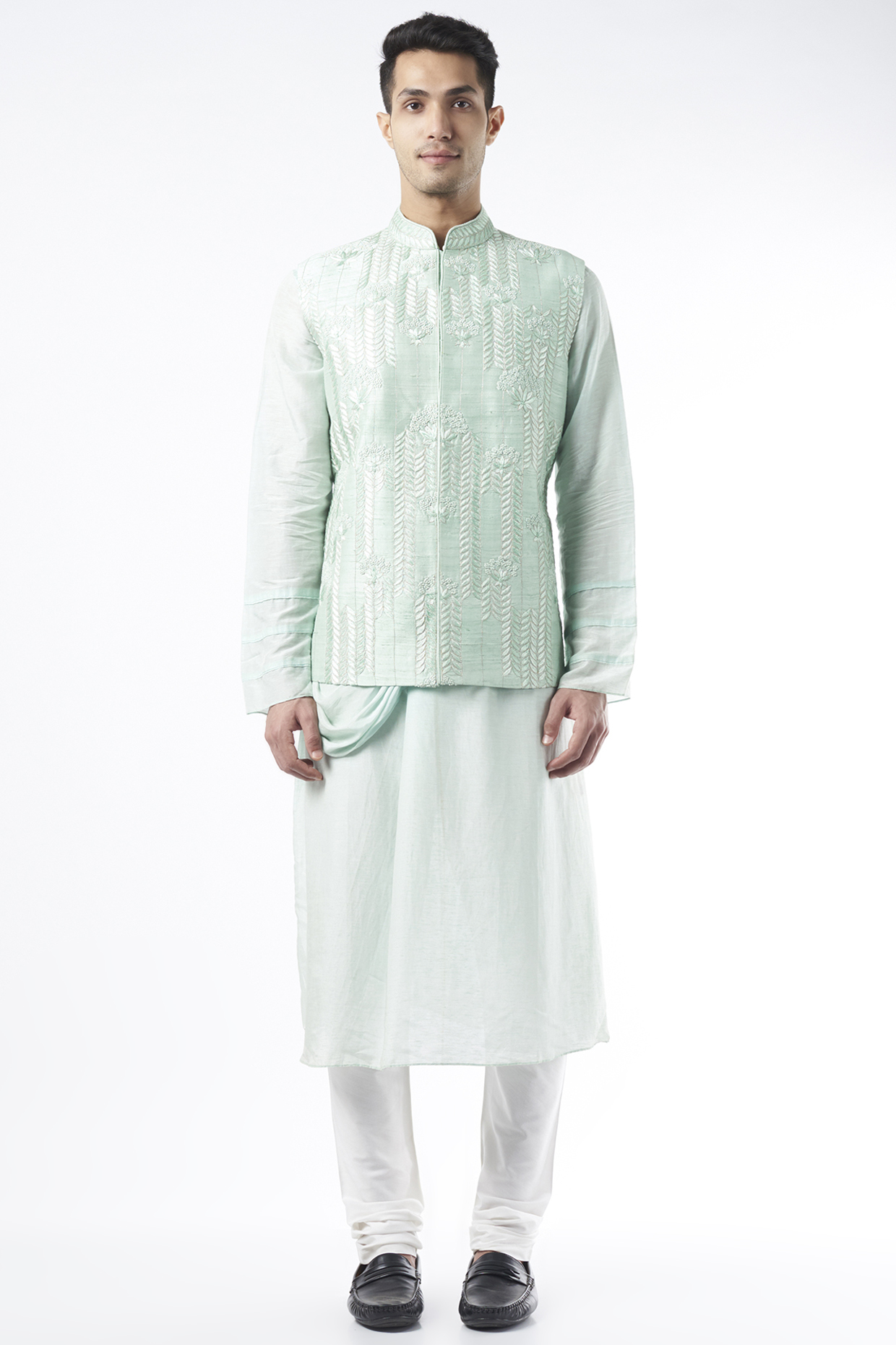 Teal Blue Hand Embroidered Nehru Jacket by ALLUR