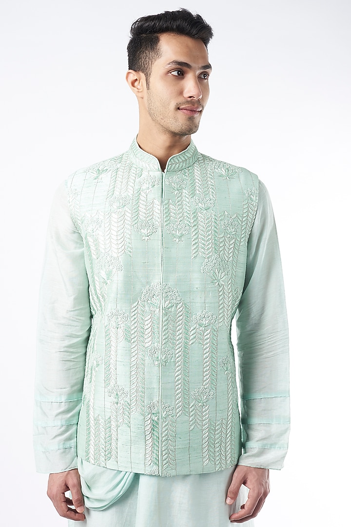 Teal Blue Hand Embroidered Nehru Jacket by ALLUR at Pernia's Pop Up Shop