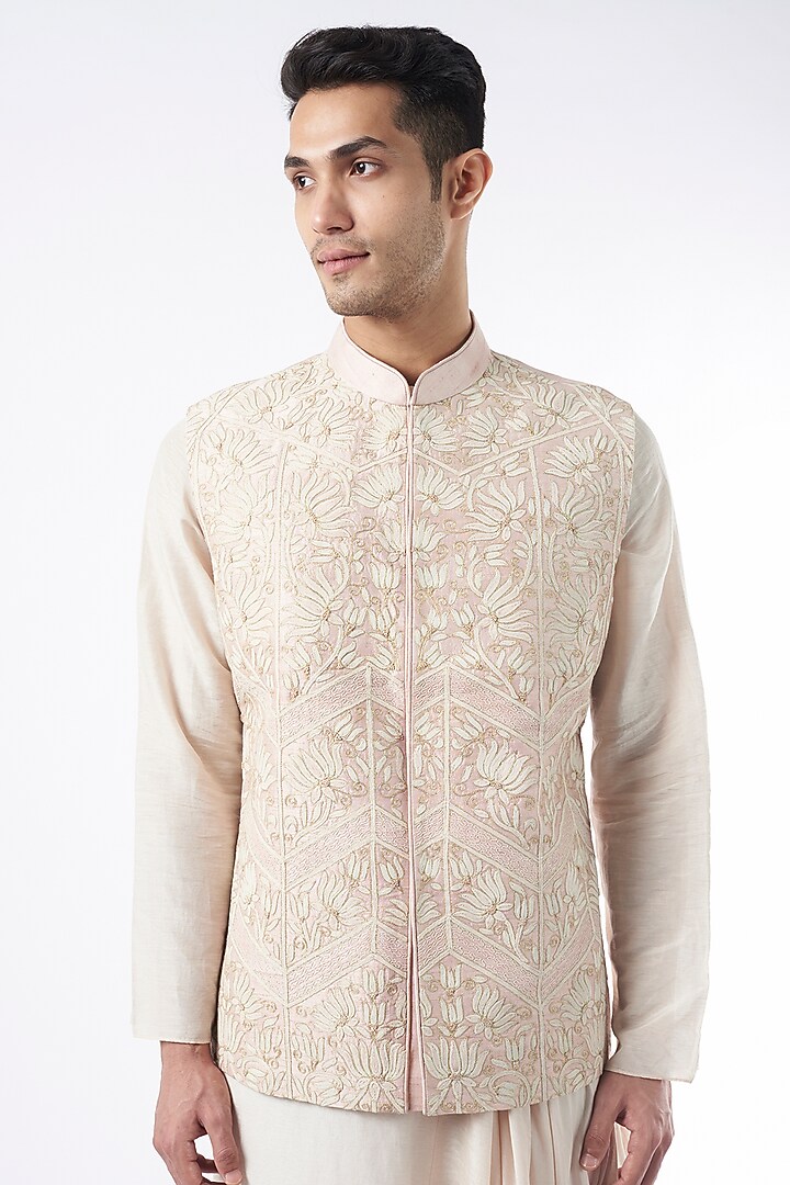 Baby Pink Cords Embroidered Nehru Jacket by ALLUR at Pernia's Pop Up Shop