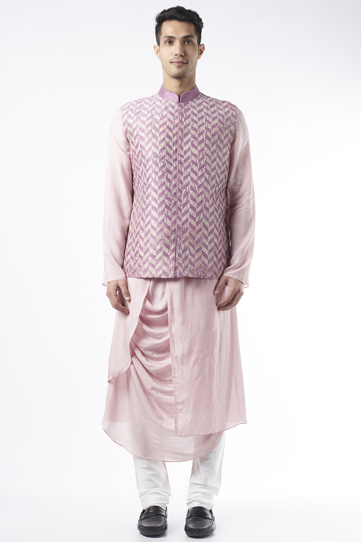 Pink Layered Draped Kurta Set by ALLUR