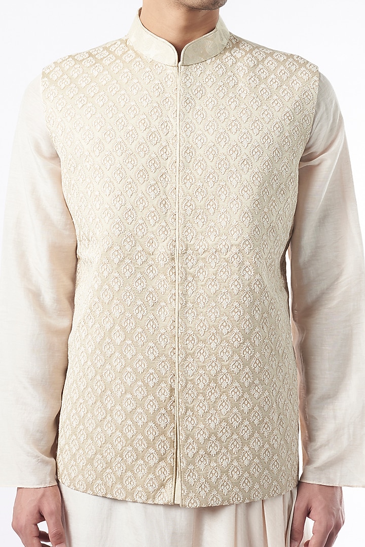 Ivory Cords Embroidered Nehru Jacket by ALLUR at Pernia's Pop Up Shop