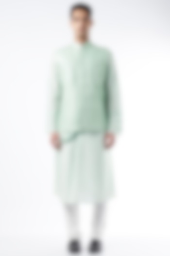 Teal Blue Embroidered Bundi Jacket With Kurta Set by ALLUR at Pernia's Pop Up Shop