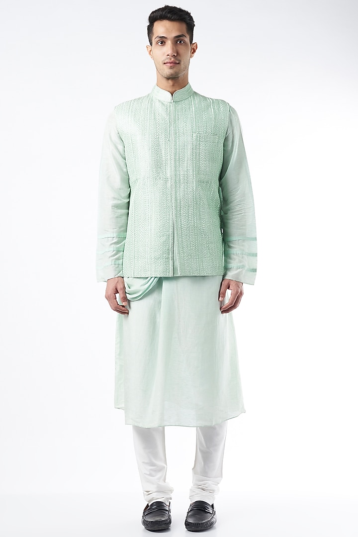Teal Blue Embroidered Bundi Jacket With Kurta Set by ALLUR at Pernia's Pop Up Shop