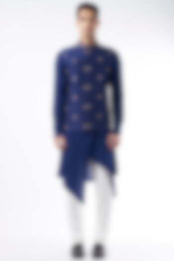 Navy Blue Embroidered Bundi Jacket With Kurta Set by ALLUR at Pernia's Pop Up Shop