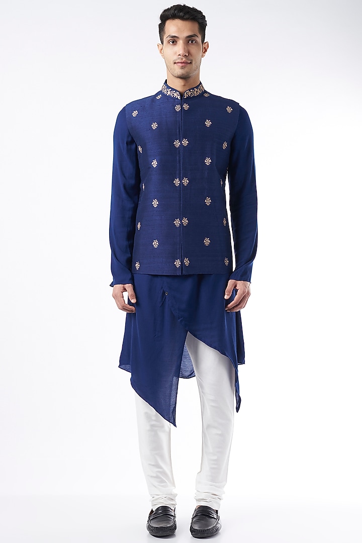 Navy Blue Embroidered Bundi Jacket With Kurta Set by ALLUR at Pernia's Pop Up Shop