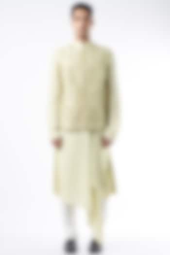 Light Green Raw Silk Bundi Jacket With Kurta Set by ALLUR at Pernia's Pop Up Shop