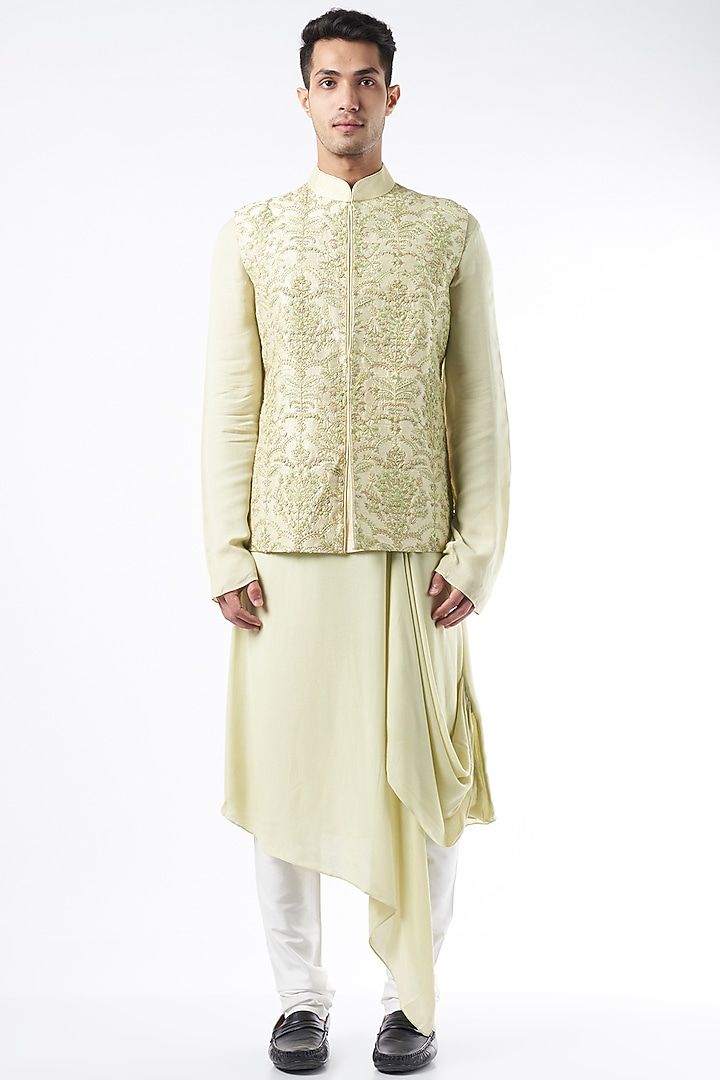 Light Green Raw Silk Bundi Jacket With Kurta Set by ALLUR at Pernia's Pop Up Shop