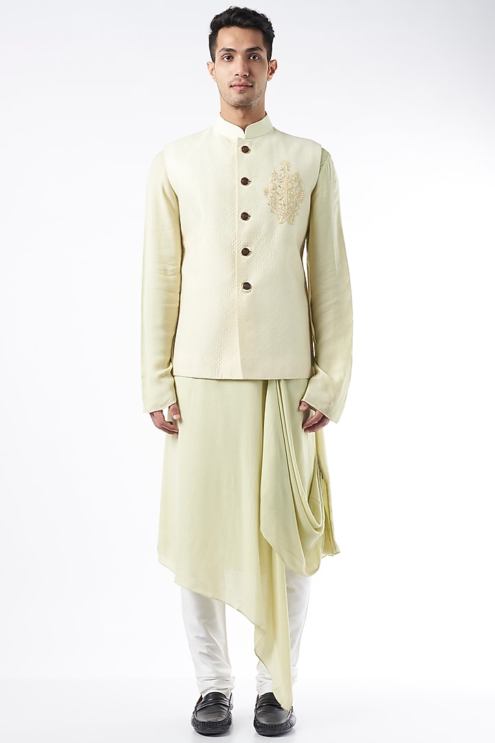 Light Lemon Raw Silk Bundi Jacket by ALLUR at Pernia's Pop Up Shop