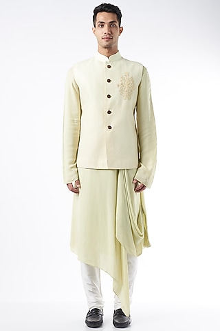 Light Lemon Raw Silk Bundi Jacket by ALLUR